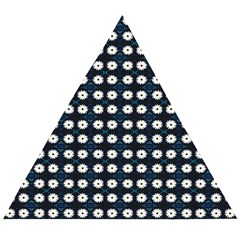 White Flower Pattern On Dark Blue Wooden Puzzle Triangle by BrightVibesDesign