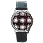 White Flower Pattern On Pink Black Round Metal Watch Front