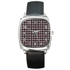 White Flower Pattern On Pink Black Square Metal Watch