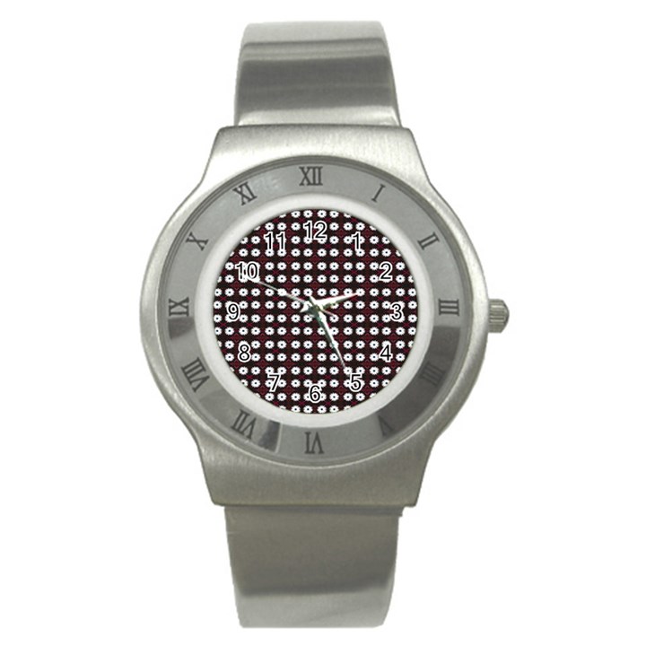 White Flower Pattern On Pink Black Stainless Steel Watch