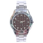 White Flower Pattern On Pink Black Stainless Steel Analogue Watch Front