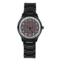 White Flower Pattern On Pink Black Stainless Steel Round Watch by BrightVibesDesign