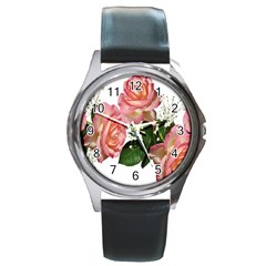 Roses Pink Leaves Flowers Perfume Round Metal Watch by Simbadda