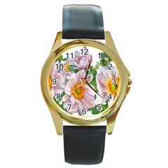 Flowers Anemone Arrangement Cut Out Round Gold Metal Watch