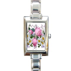 Flowers Roses Pink White Blooms Rectangle Italian Charm Watch by Simbadda