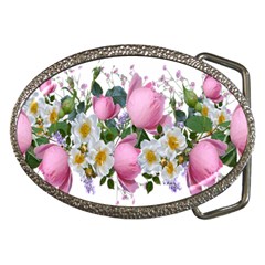 Flowers Roses Pink White Blooms Belt Buckles