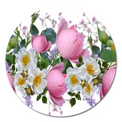 Flowers Roses Pink White Blooms Magnet 5  (round) by Simbadda