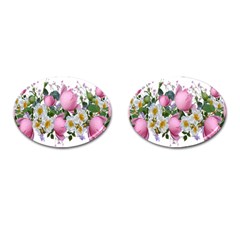 Flowers Roses Pink White Blooms Cufflinks (oval) by Simbadda