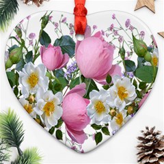 Flowers Roses Pink White Blooms Heart Ornament (two Sides) by Simbadda