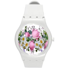 Flowers Roses Pink White Blooms Round Plastic Sport Watch (m) by Simbadda