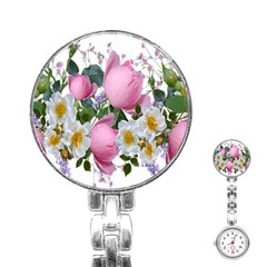 Flowers Roses Pink White Blooms Stainless Steel Nurses Watch by Simbadda