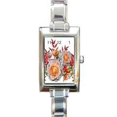 Roses Flowers Leaves Nandina Rectangle Italian Charm Watch by Simbadda