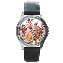 Roses Flowers Leaves Nandina Round Metal Watch by Simbadda