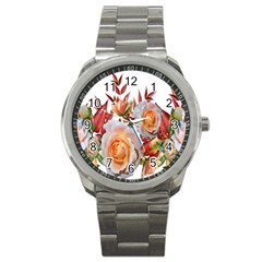 Roses Flowers Leaves Nandina Sport Metal Watch by Simbadda