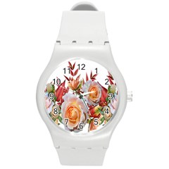 Roses Flowers Leaves Nandina Round Plastic Sport Watch (m) by Simbadda