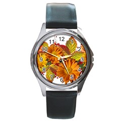 Flowers Arrangement Autumn Daisies Round Metal Watch by Simbadda