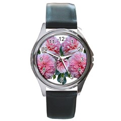 Roses Pink Flowers Arrangement Round Metal Watch by Simbadda