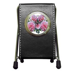 Roses Pink Flowers Arrangement Pen Holder Desk Clock by Simbadda