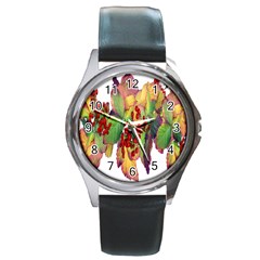 Leaves Autumn Berries Garden Round Metal Watch by Simbadda