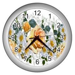 Flowers Roses White Yellow Wall Clock (silver) by Simbadda