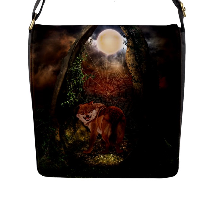 Awesome Wolf In The Darkness Of The Night Flap Closure Messenger Bag (L)