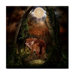 Awesome Wolf In The Darkness Of The Night Tile Coaster by FantasyWorld7