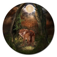 Awesome Wolf In The Darkness Of The Night Magnet 5  (round) by FantasyWorld7