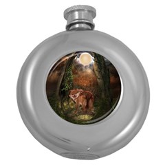 Awesome Wolf In The Darkness Of The Night Round Hip Flask (5 Oz) by FantasyWorld7