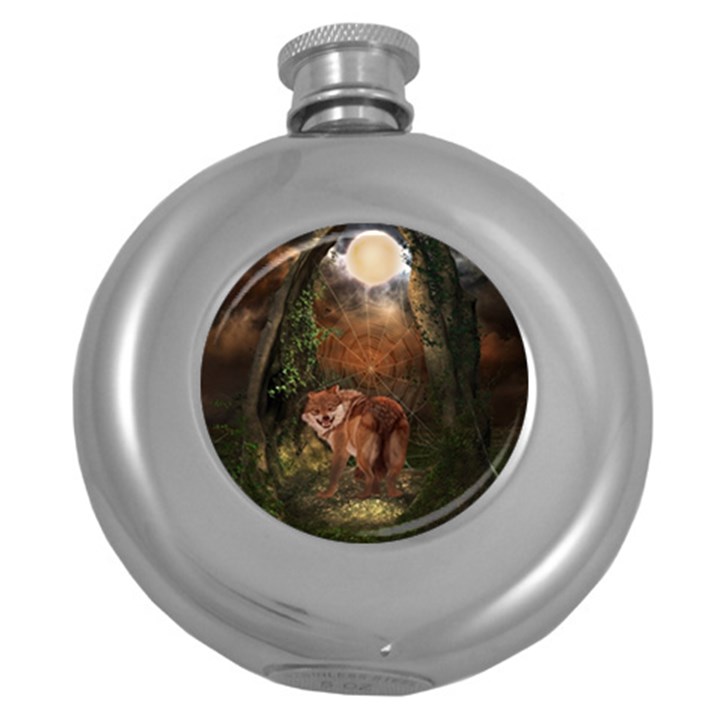 Awesome Wolf In The Darkness Of The Night Round Hip Flask (5 oz)