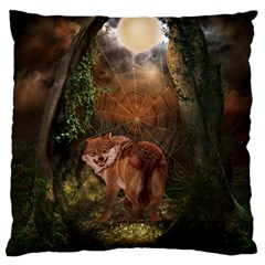 Awesome Wolf In The Darkness Of The Night Large Cushion Case (one Side) by FantasyWorld7