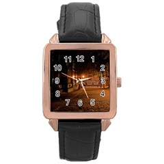 City Night Dark Architecture Lamps Rose Gold Leather Watch  by Sudhe