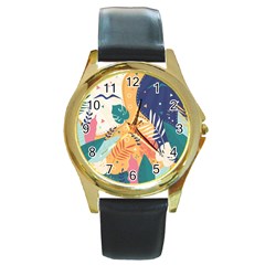 Tropical Pattern Round Gold Metal Watch by Valentinaart