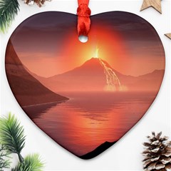 Volcano Lava Landscape Glow Lake Heart Ornament (two Sides) by Simbadda