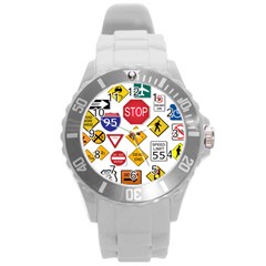 Street Signs Stop Highway Sign Round Plastic Sport Watch (l) by Simbadda