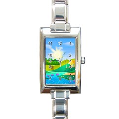 Tropical Resort Huts Lake River Rectangle Italian Charm Watch by Simbadda