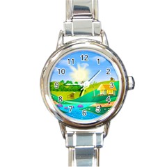 Tropical Resort Huts Lake River Round Italian Charm Watch by Simbadda