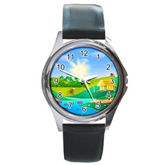 Tropical Resort Huts Lake River Round Metal Watch by Simbadda