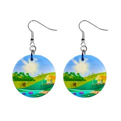 Tropical Resort Huts Lake River Mini Button Earrings by Simbadda