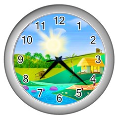 Tropical Resort Huts Lake River Wall Clock (silver) by Simbadda