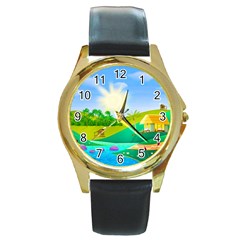 Tropical Resort Huts Lake River Round Gold Metal Watch by Simbadda