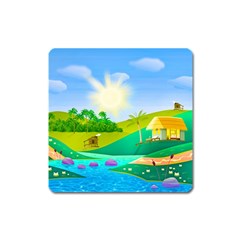 Tropical Resort Huts Lake River Square Magnet by Simbadda