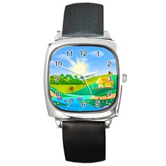 Tropical Resort Huts Lake River Square Metal Watch by Simbadda