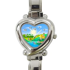 Tropical Resort Huts Lake River Heart Italian Charm Watch by Simbadda