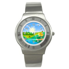 Tropical Resort Huts Lake River Stainless Steel Watch by Simbadda