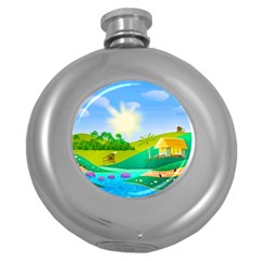 Tropical Resort Huts Lake River Round Hip Flask (5 Oz) by Simbadda