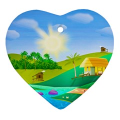 Tropical Resort Huts Lake River Heart Ornament (two Sides) by Simbadda