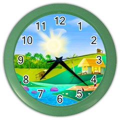 Tropical Resort Huts Lake River Color Wall Clock by Simbadda