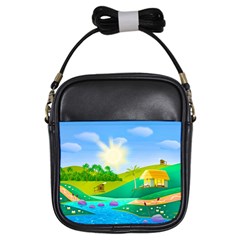 Tropical Resort Huts Lake River Girls Sling Bag by Simbadda