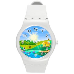 Tropical Resort Huts Lake River Round Plastic Sport Watch (m) by Simbadda