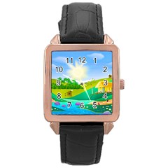 Tropical Resort Huts Lake River Rose Gold Leather Watch  by Simbadda